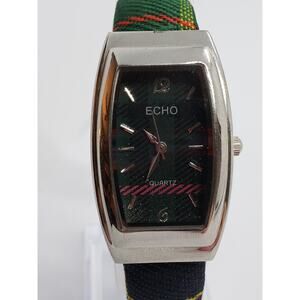Echo women's watch. Square black face. Green plaid bangle style band